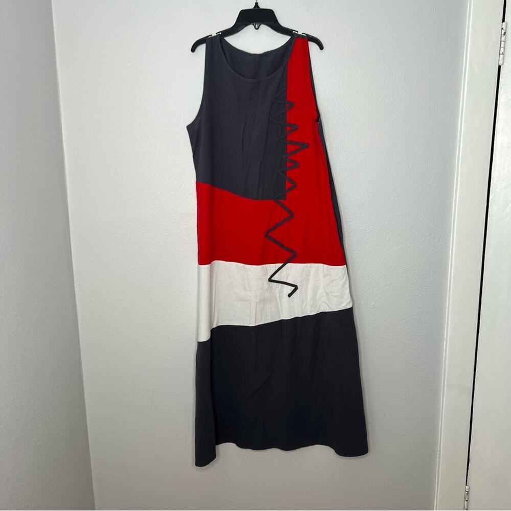 Emery Rose Grey Red White Cotton Lagenlook Sleeveless Maxi Dress Women's size L